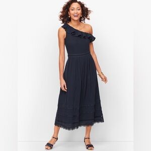 EUC TALBOTS NAVY ONE SHOULDER RUFFLE MIDI DRESS Sz 12